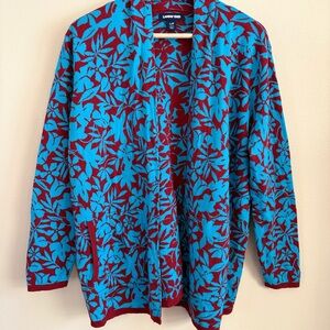 Lands’ End Floral Open Front Cardigan Jacket | Blue & Burgundy | Women's L